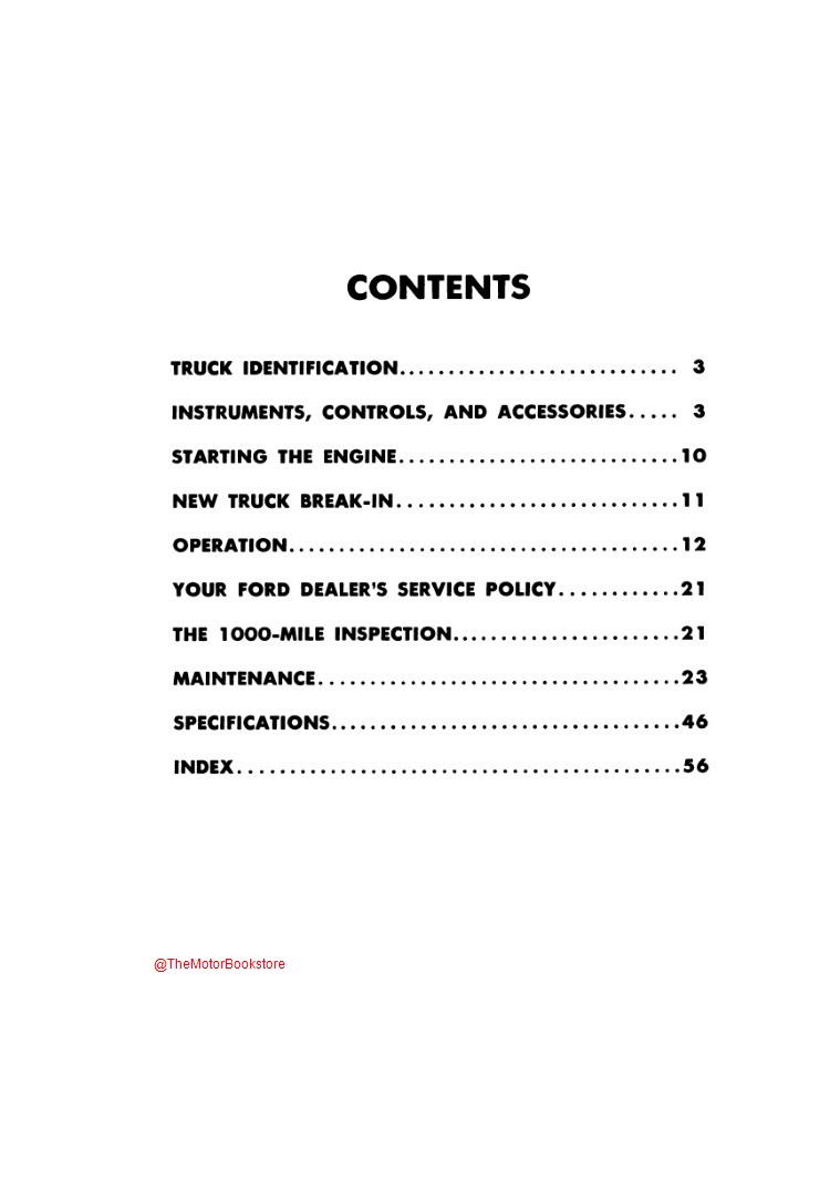 1960 Ford Truck Operator's Manual - Table of Contents 1960 Ford Truck Operator's Manual - Table of Contents