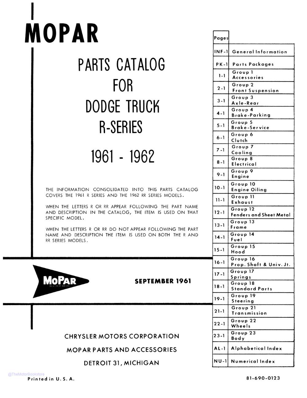 1961 - 1962 Dodge Pickup and Truck Parts Catalog Book  - Table of Contents