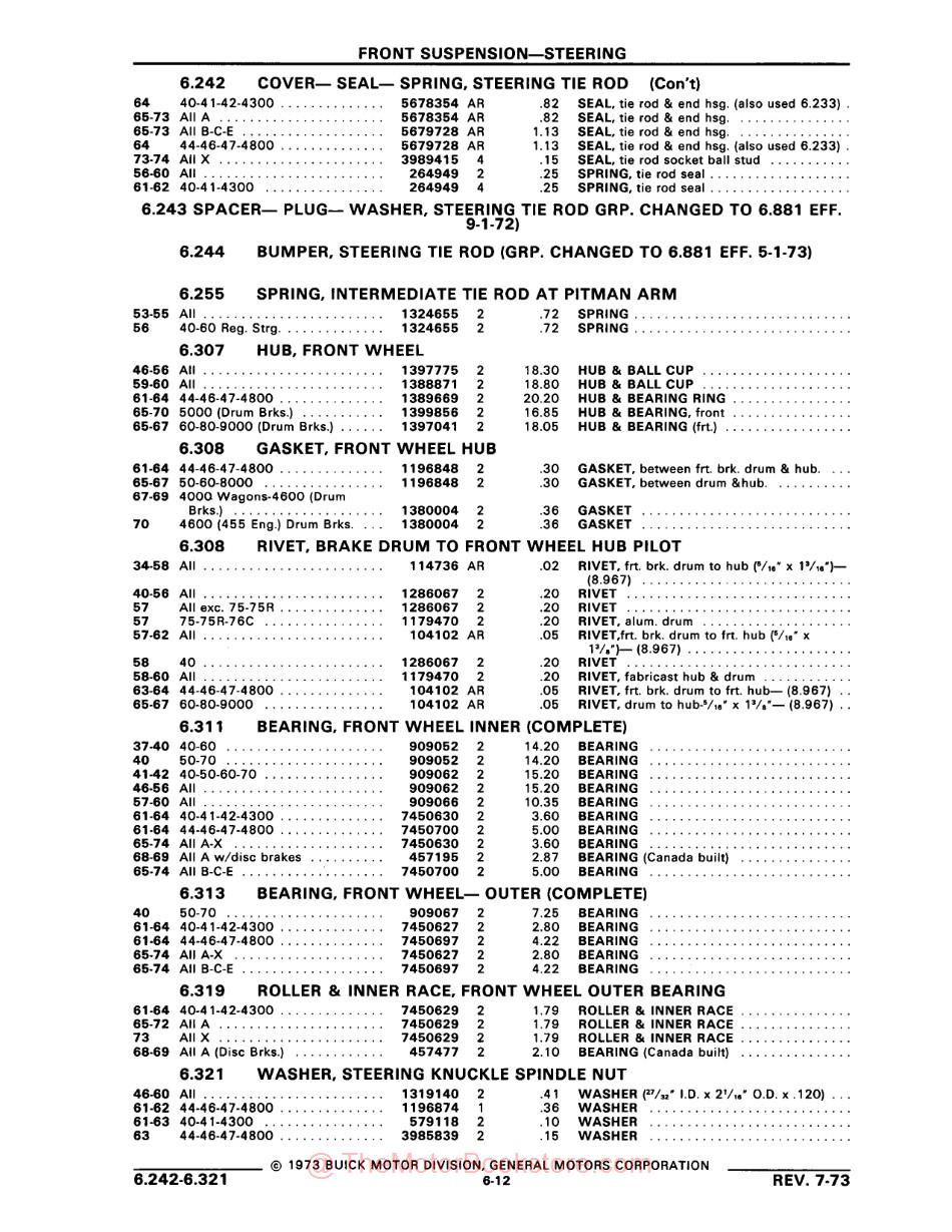 1961 - 1973 Buick Master Chassis & Body Parts & Illustrations Catalog Set - Sample Page - Text - Front Suspension--Steering