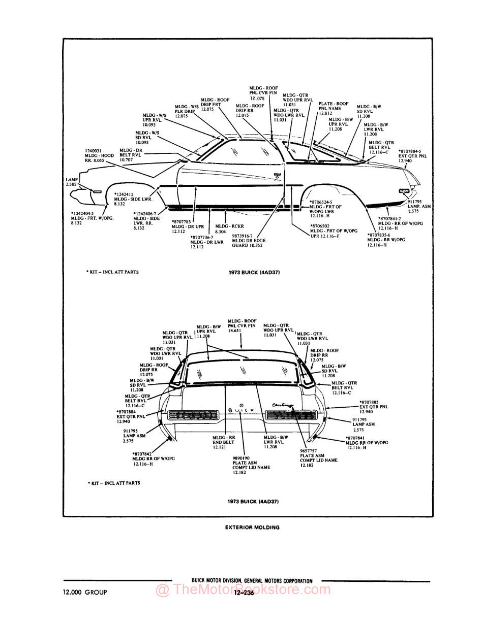 1961 - 1973 Buick Master Chassis & Body Parts & Illustrations Catalog Set - Sample Page - Illustrations - 73 Exterior Molding