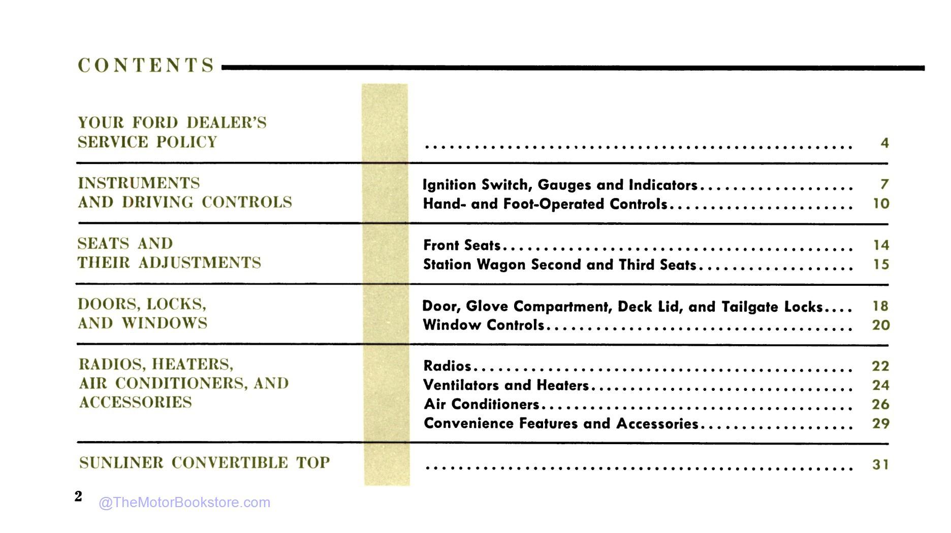 1961 Ford Owner's Manual - Table of Contents 1961 Ford Owner's Manual - Table of Contents
