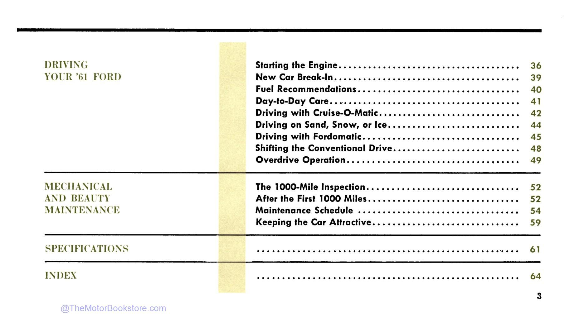 1961 Ford Owner's Manual - Table of Contents 1961 Ford Owner's Manual - Table of Contents