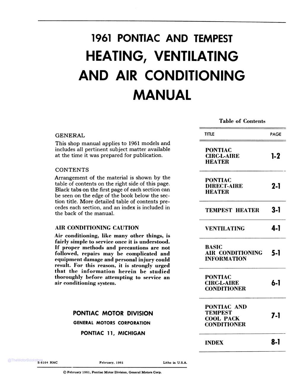 1961 Pontiac HVAC Manual  - Table of Contents