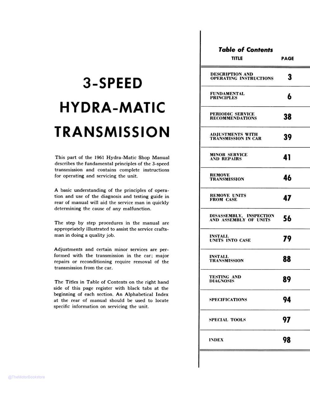 1961 Pontiac Hydra-Matic Shop Manual  - Table of Contents