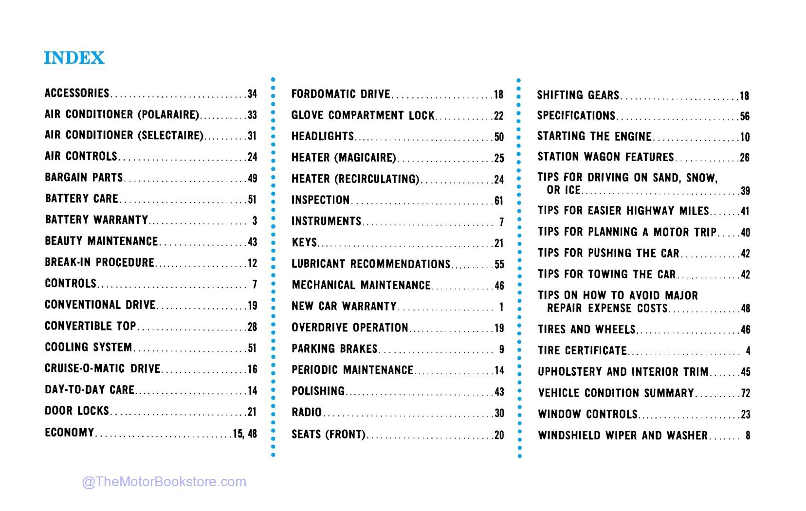 1964 Ford Car Owner's Manual - Table of Contents