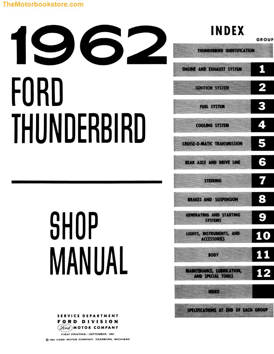1962 Ford Thunderbird Shop Manual - Table of Contents