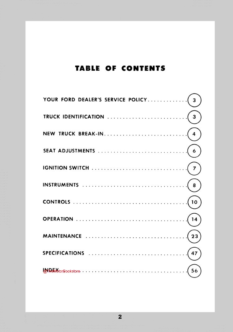 1962 Ford Truck Operator's Manual - Table of Contents