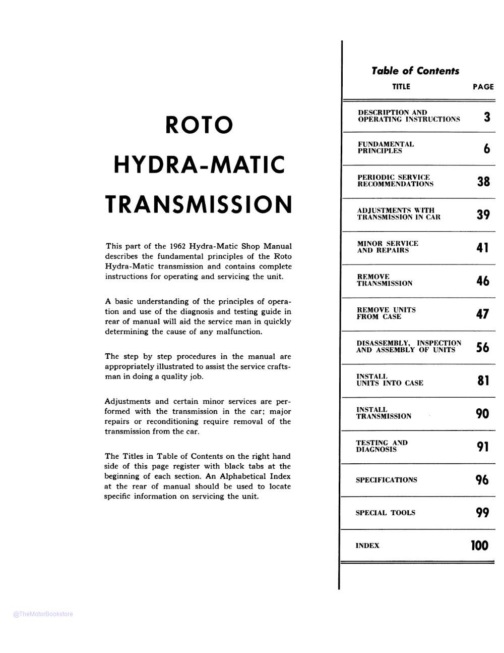 1962 Pontiac Hydra-Matic Shop Manual  - Table of Contents