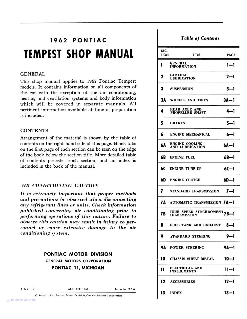 1962 Pontiac Tempest Shop Manual  - Table of Contents