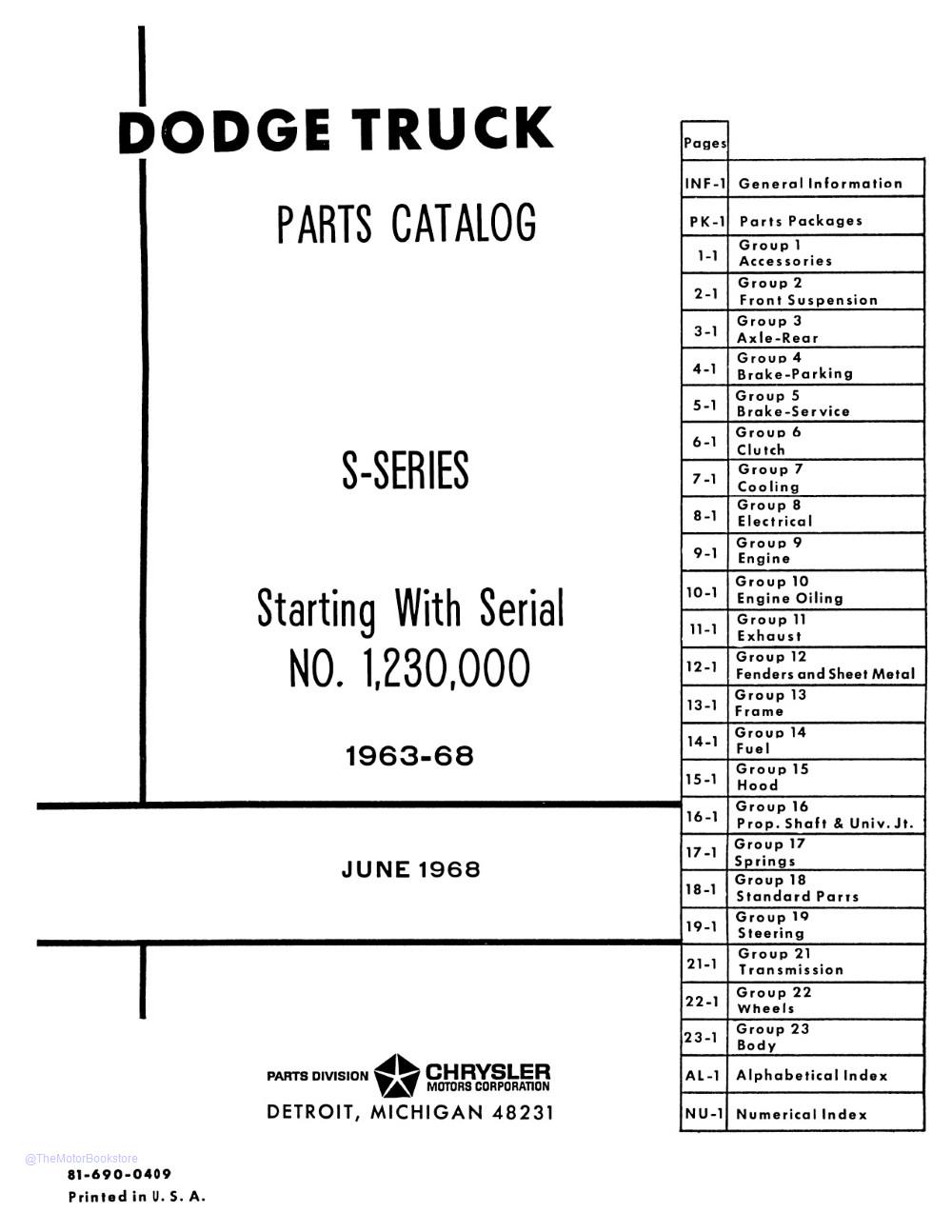 1963-1968 Dodge Truck Parts Catalog Book  - Table of Contents