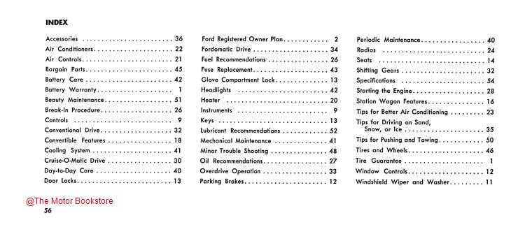 1963 Ford Car Owner's Manual  - Table of Contents