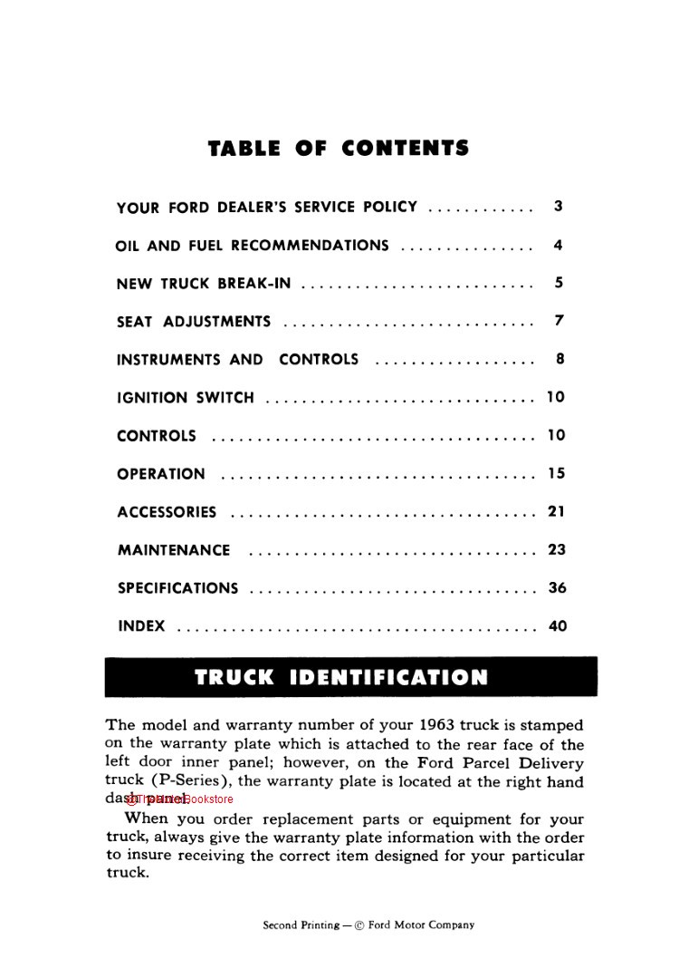 1963 Ford Truck Operator's Manual - Table of Contents