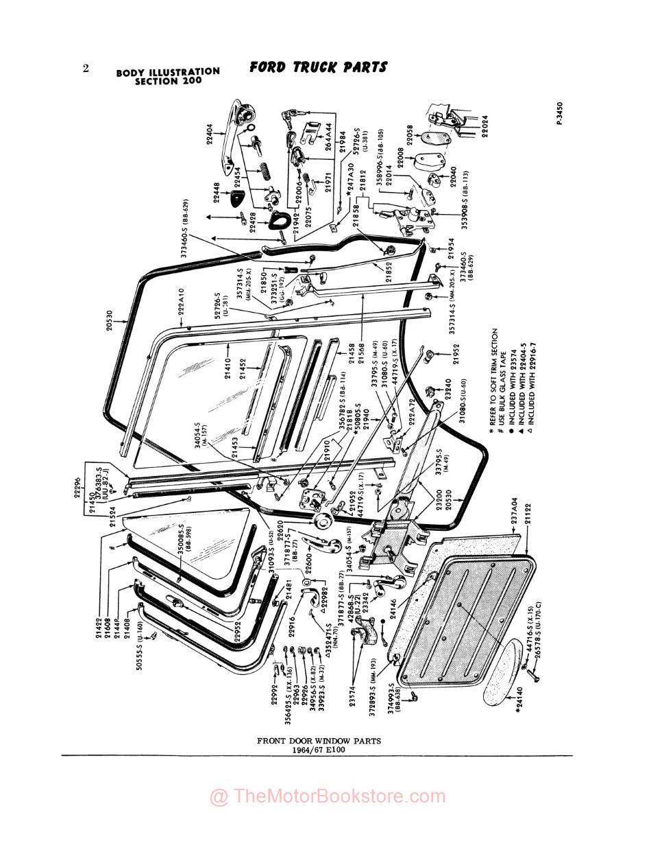1964 - 1972 Ford Truck Parts Text & Illustrations Catalog Set - Sample Page - Illustrations - 1964 Front Door Window Parts