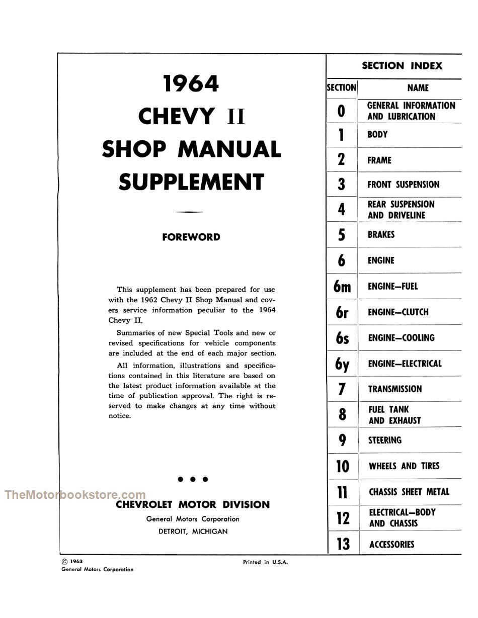 1964 Chevy II Passenger Car Shop Manual Supplement