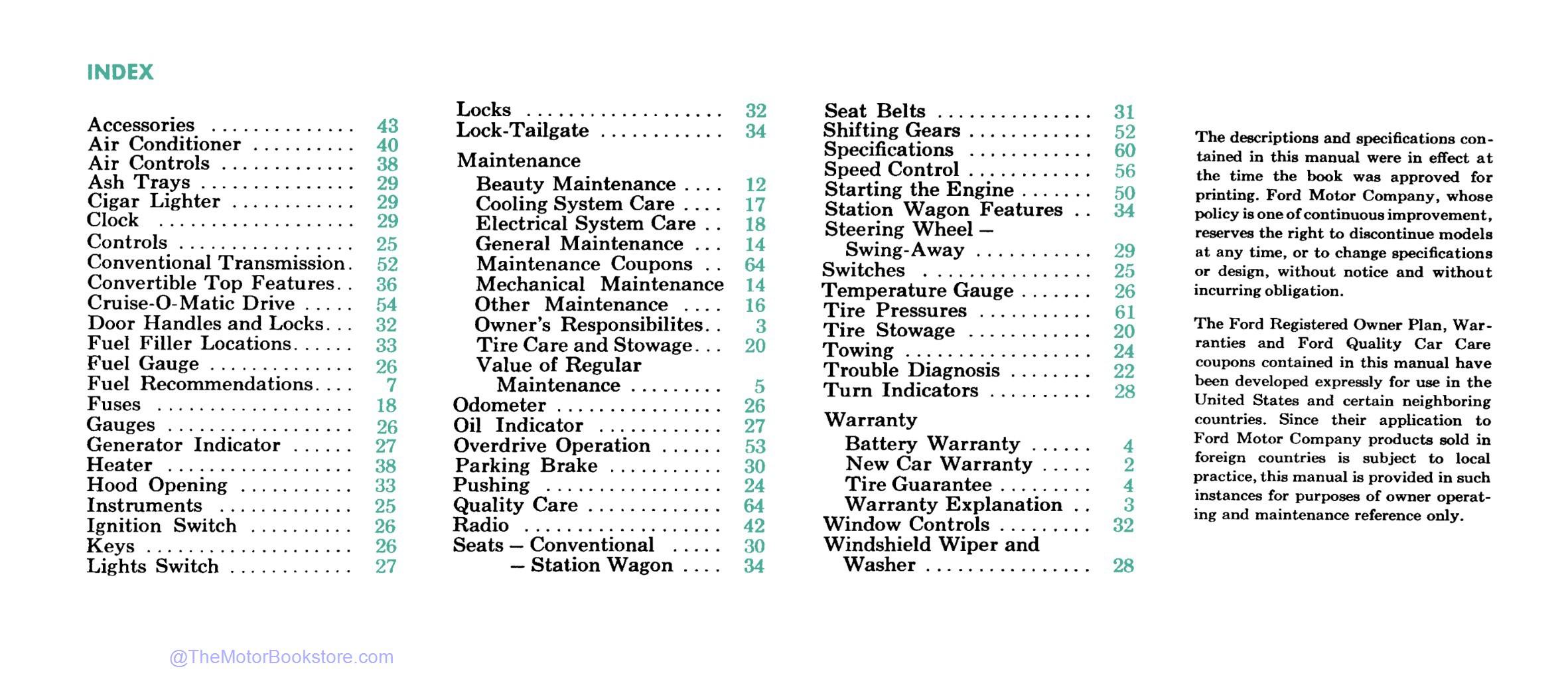 1964 Ford Car Owner's Manual - Table of Contents