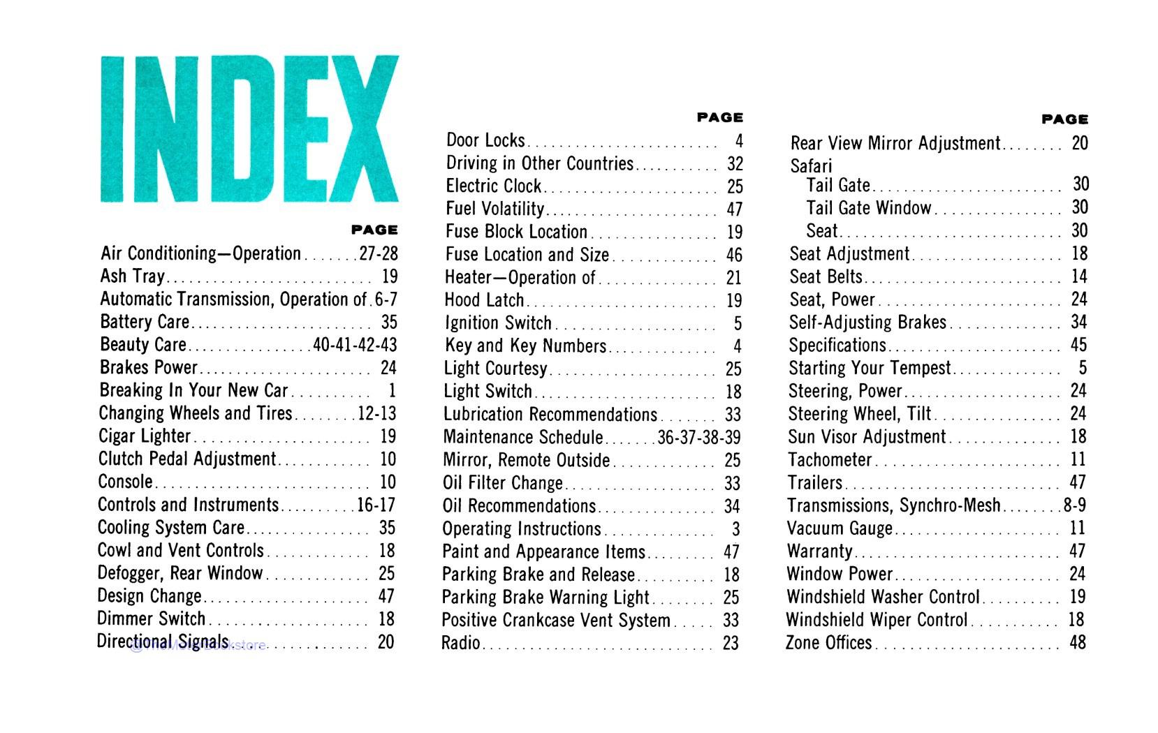 1964 Pontiac GTO, Tempest, & LeMans Owner's Manual  - Table of Contents