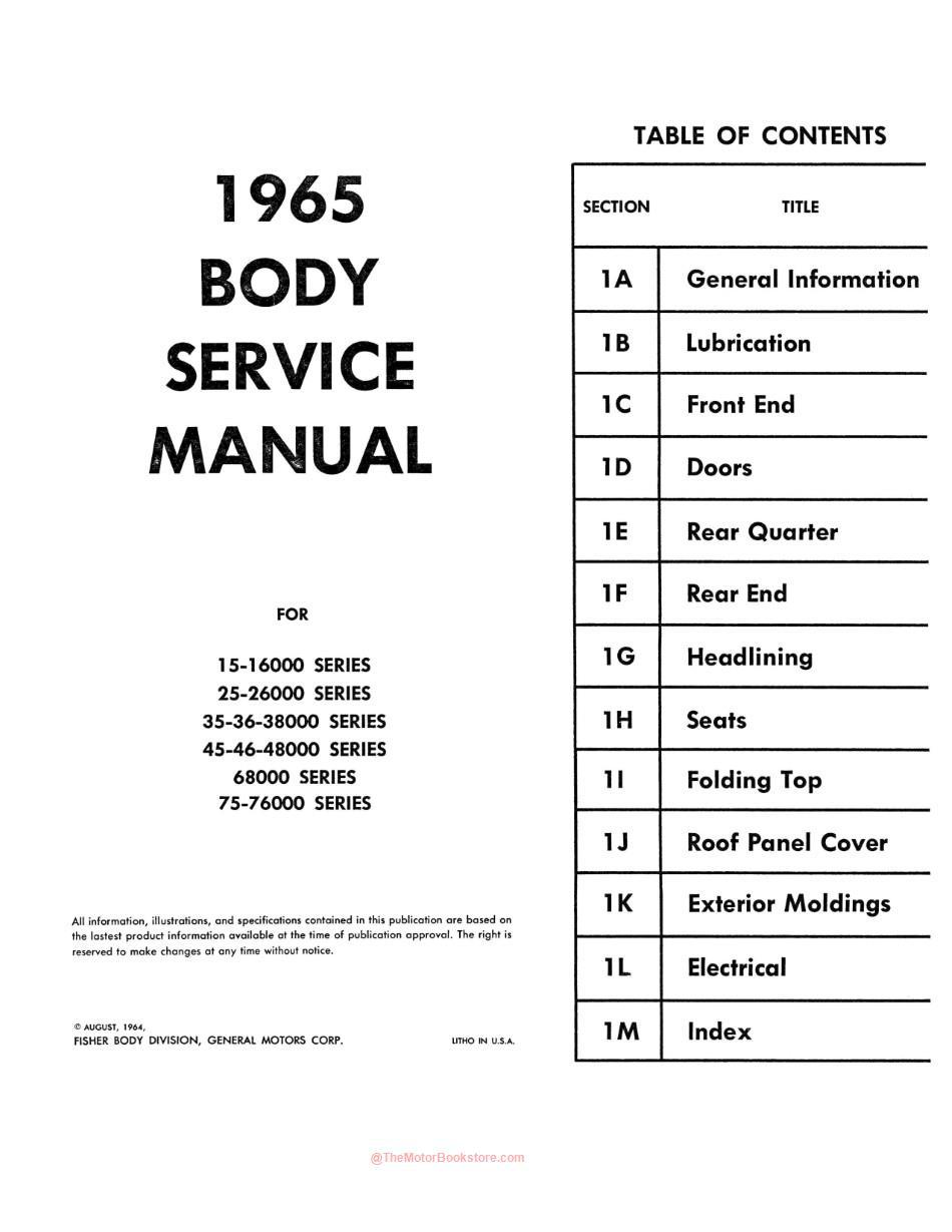 1965 Chevy Car Body Shop Manual Table Of Contents - Page 2