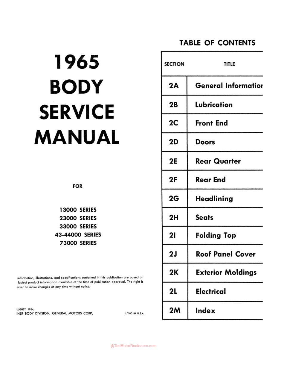 1965 Chevy Car Body Shop Manual Table Of Contents - Page 3