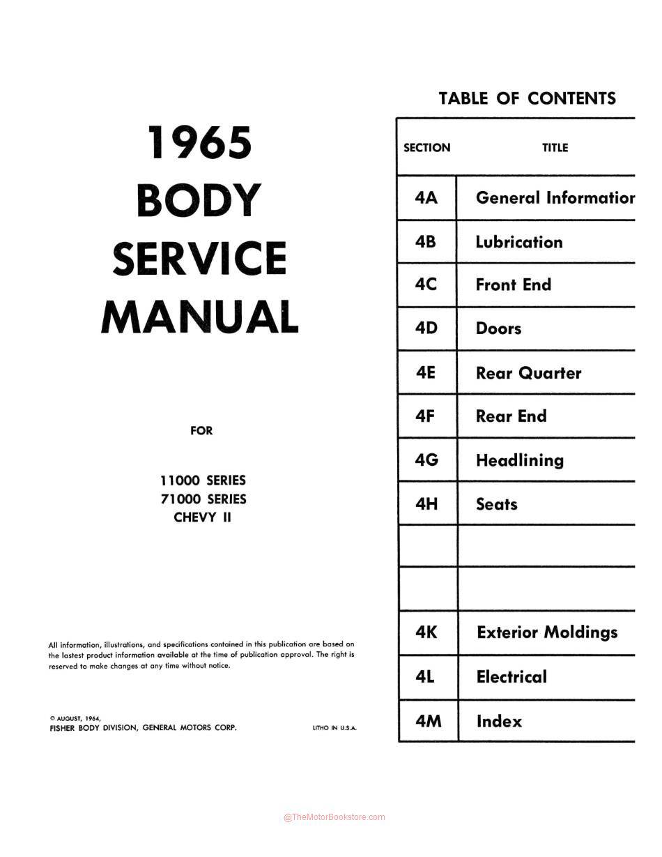 1965 Chevy Car Body Shop Manual Table Of Contents - Page 4