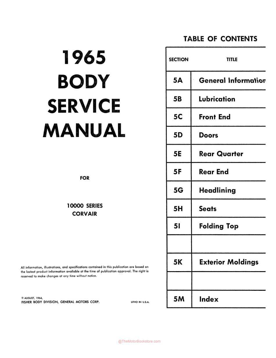 1965 Chevy Car Body Shop Manual Table Of Contents - Page 5