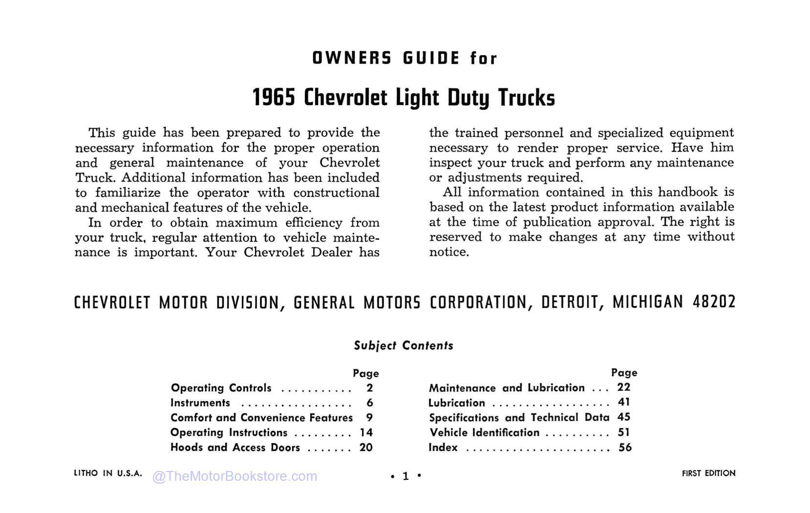 1965 Chevrolet Series 10-30 Truck Owner's Manual - Table of Contents 1965 Chevrolet Series 10-30 Truck Owner's Manual - Table of Contents