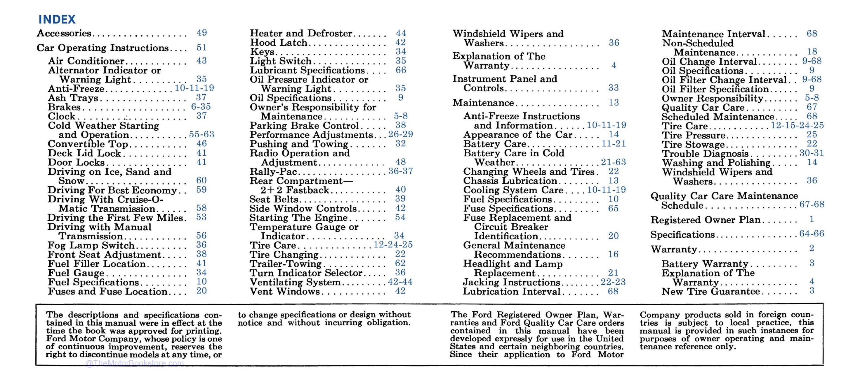 1965 Ford Mustang Owners Manual  - Table of Contents