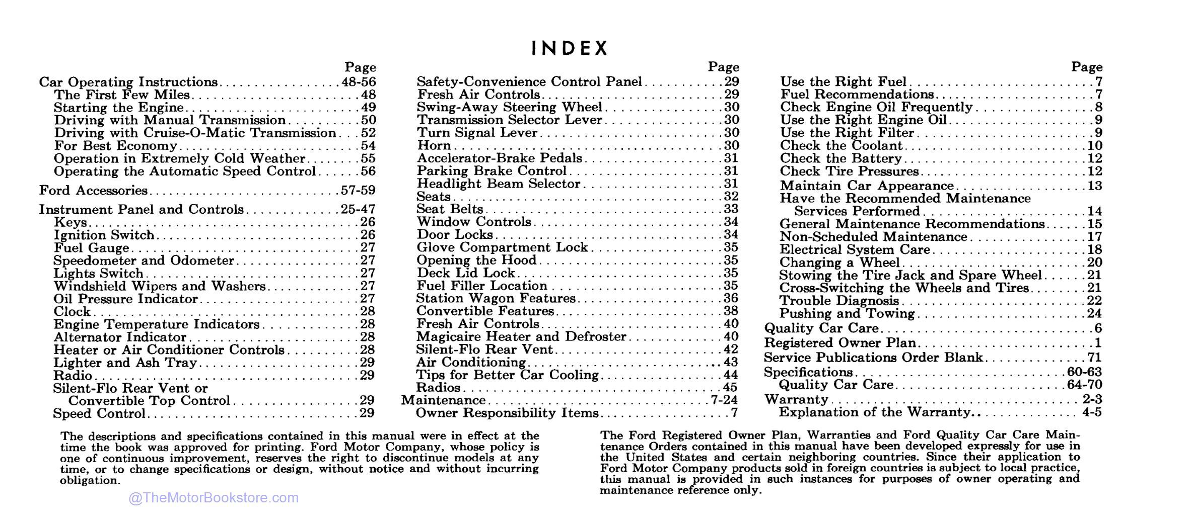 1965 Ford Owner's Manual - Table of Contents