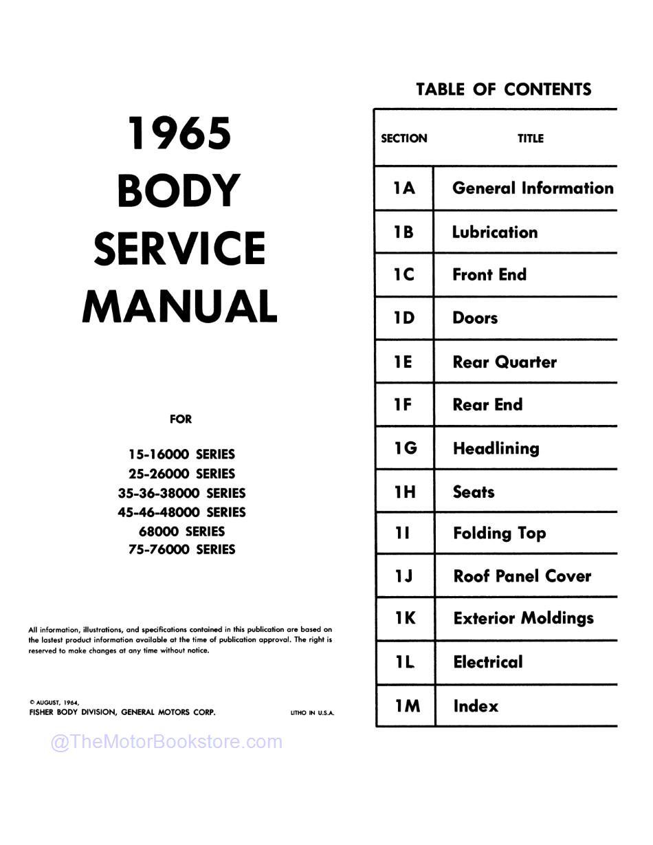 1965 Oldsbobile Body Shop Manual - Section 1 Contents