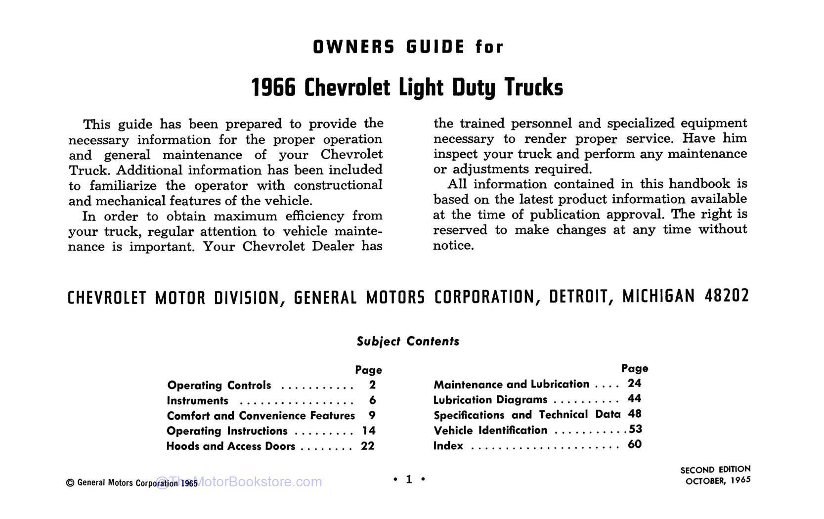 1966 Chevrolet Series 10-30 Truck Owner's Manual  - Table of Contents