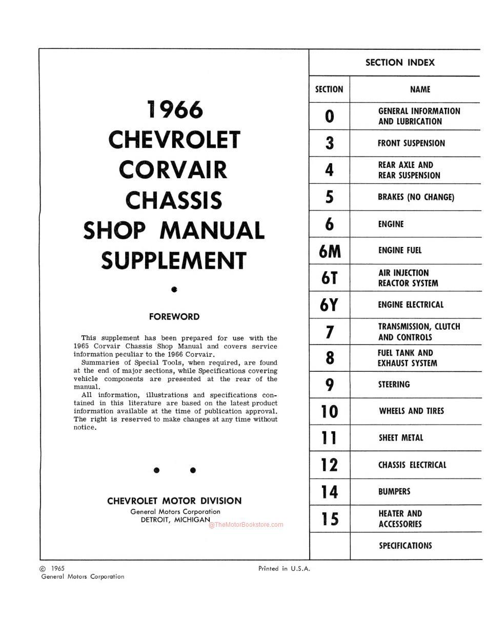 1966 Chevrolet Corvair Chassis Shop Manual Supplement - Table of Contents Page