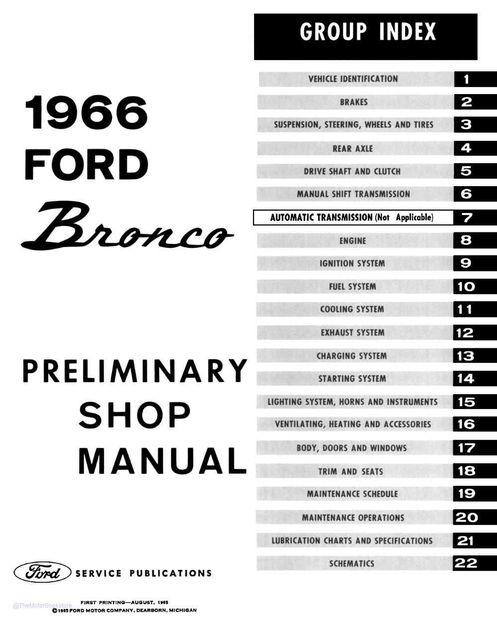 1966 Ford Bronco Shop Manual Supplement  - Table of Contents