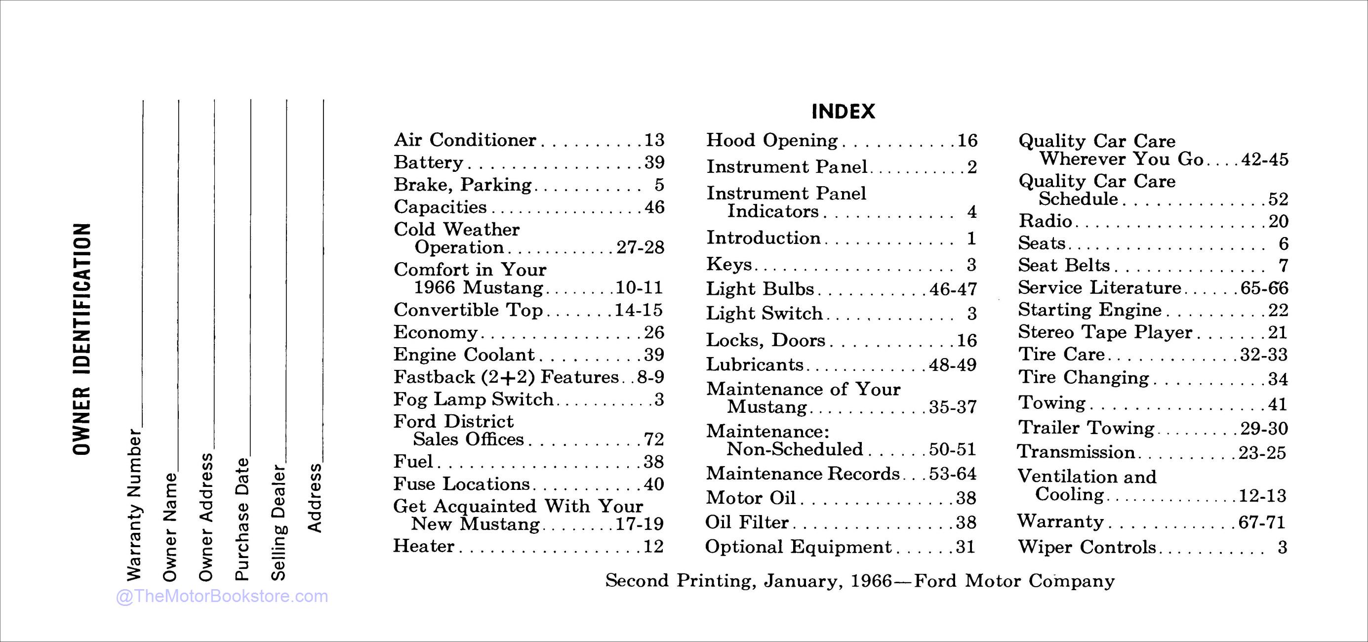 1966 Ford Mustang Owners Manual  - Table of Contents