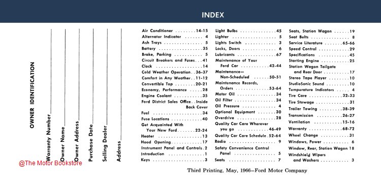 1966 Ford Car Owner's Manual - Table of Contents 1966 Ford Car Owner's Manual - Table of Contents