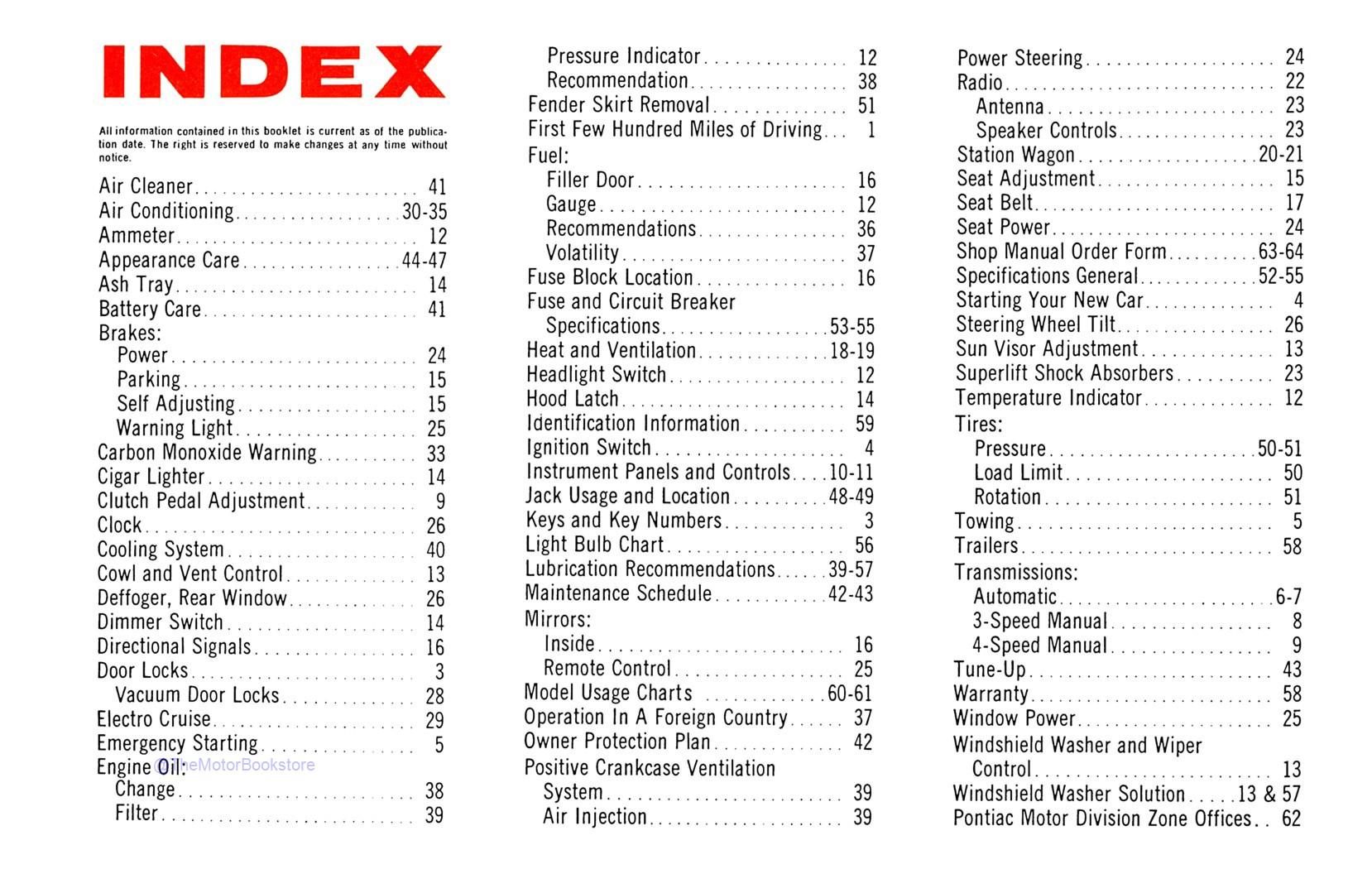 1966 Pontiac Owner's Manual - Table of Contents 1966 Pontiac Owner's Manual - Table of Contents