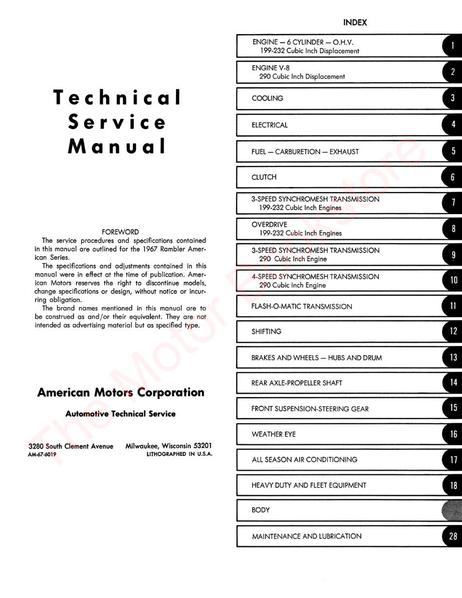 1967 AMC American Technical Service Manual - Table of Contents Page 1