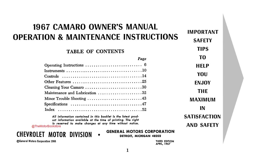 1967 Camaro, Camaro SS Owner's Manual  - Table of Contents