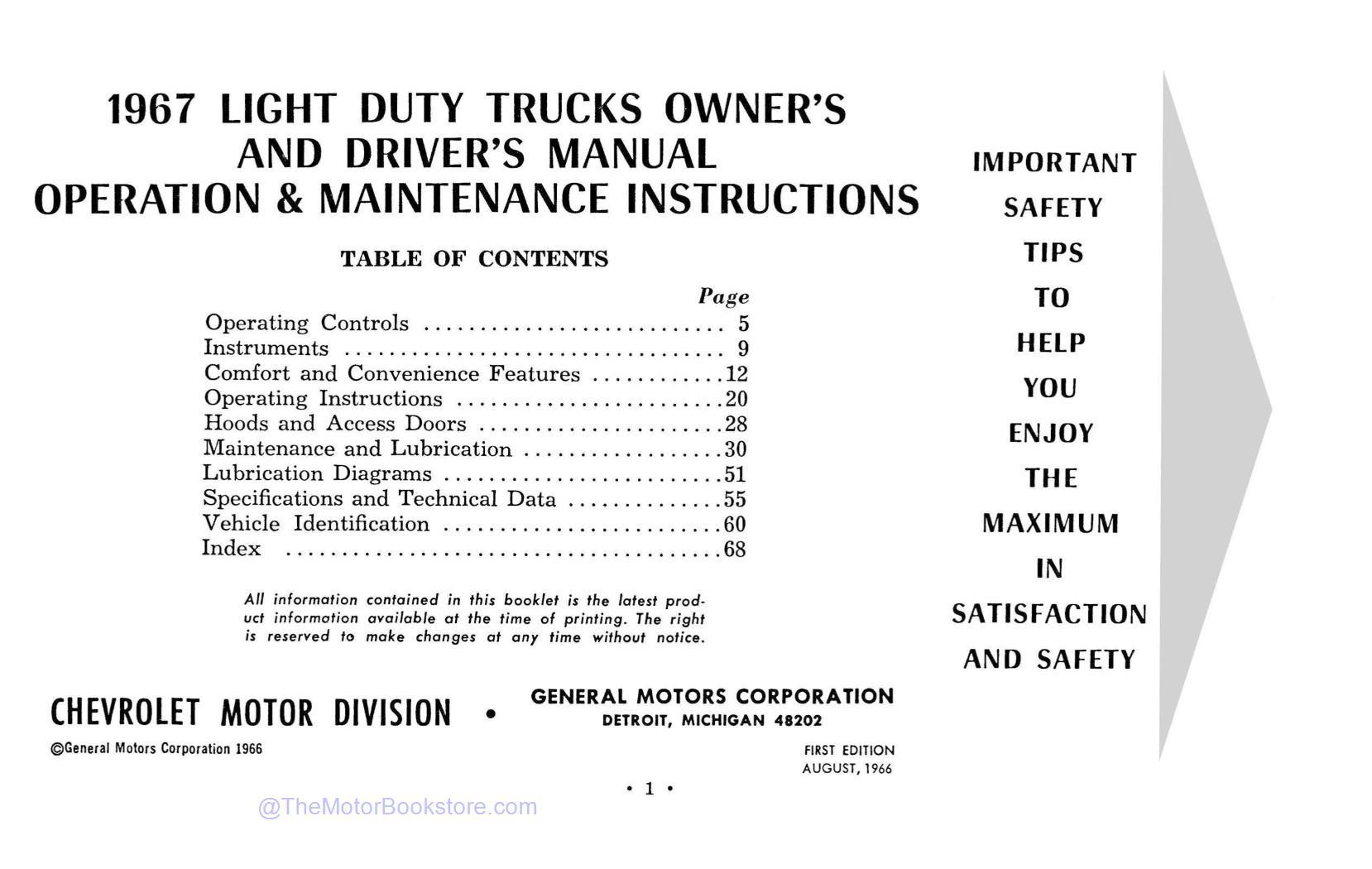 1967 Chevrolet Series 10-30 Truck Owner's Manual - Table of Contents 1967 Chevrolet Series 10-30 Truck Owner's Manual - Table of Contents