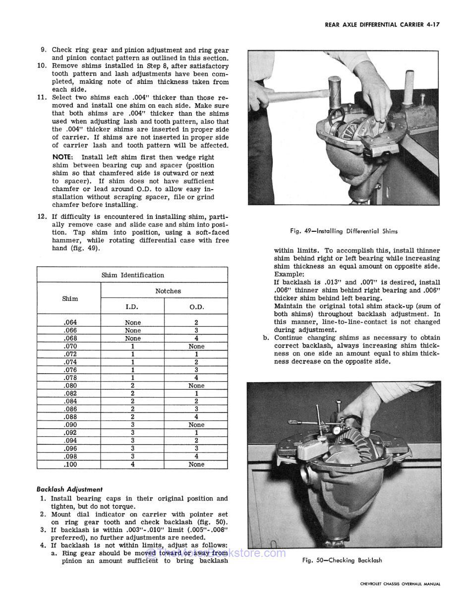 1967 Chevy Car Chassis Overhaul Manual Sample Page - Differential Backlash Check