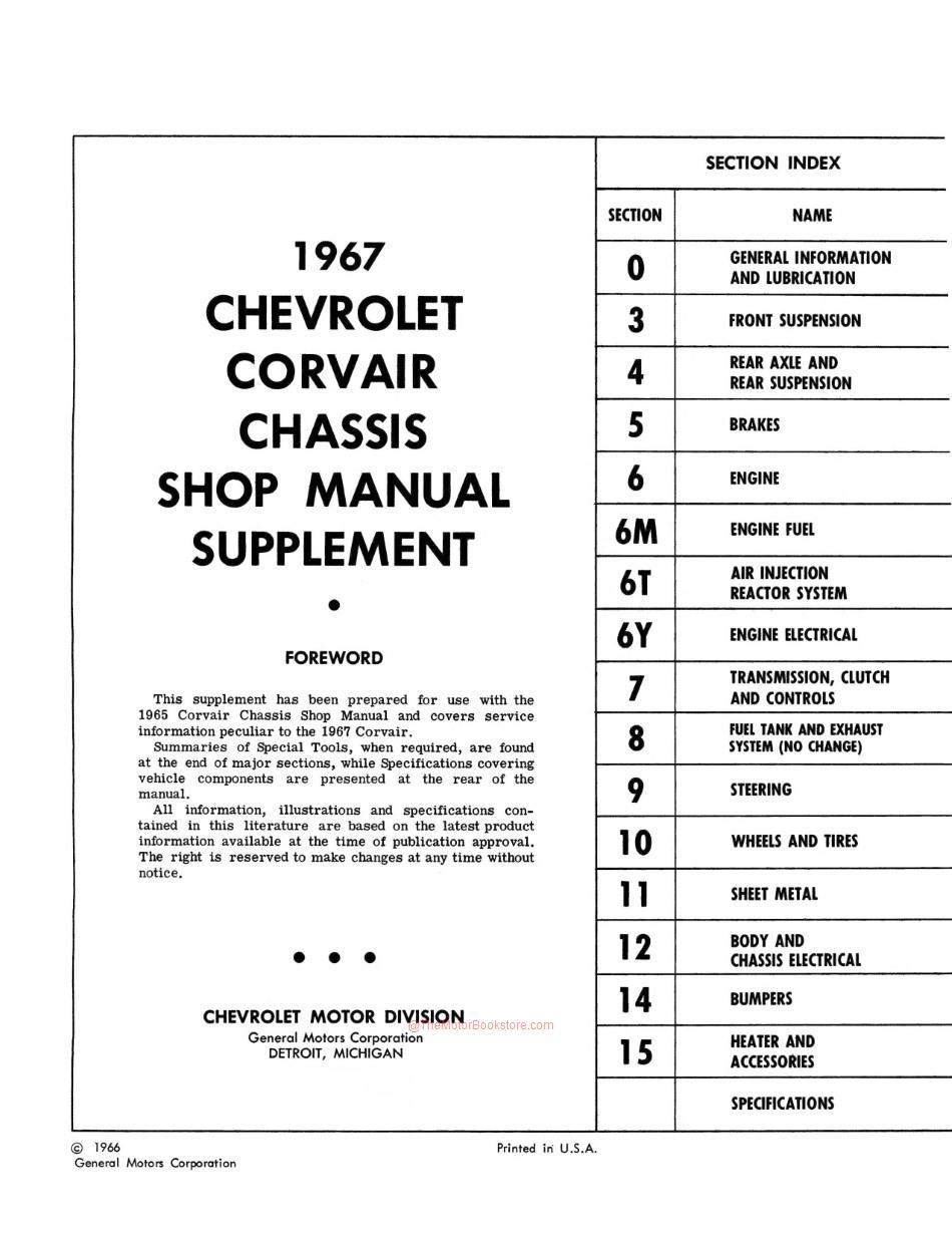 1967 Chevrolet Corvair Chassis Shop Manual Supplement - Table of Contents Page