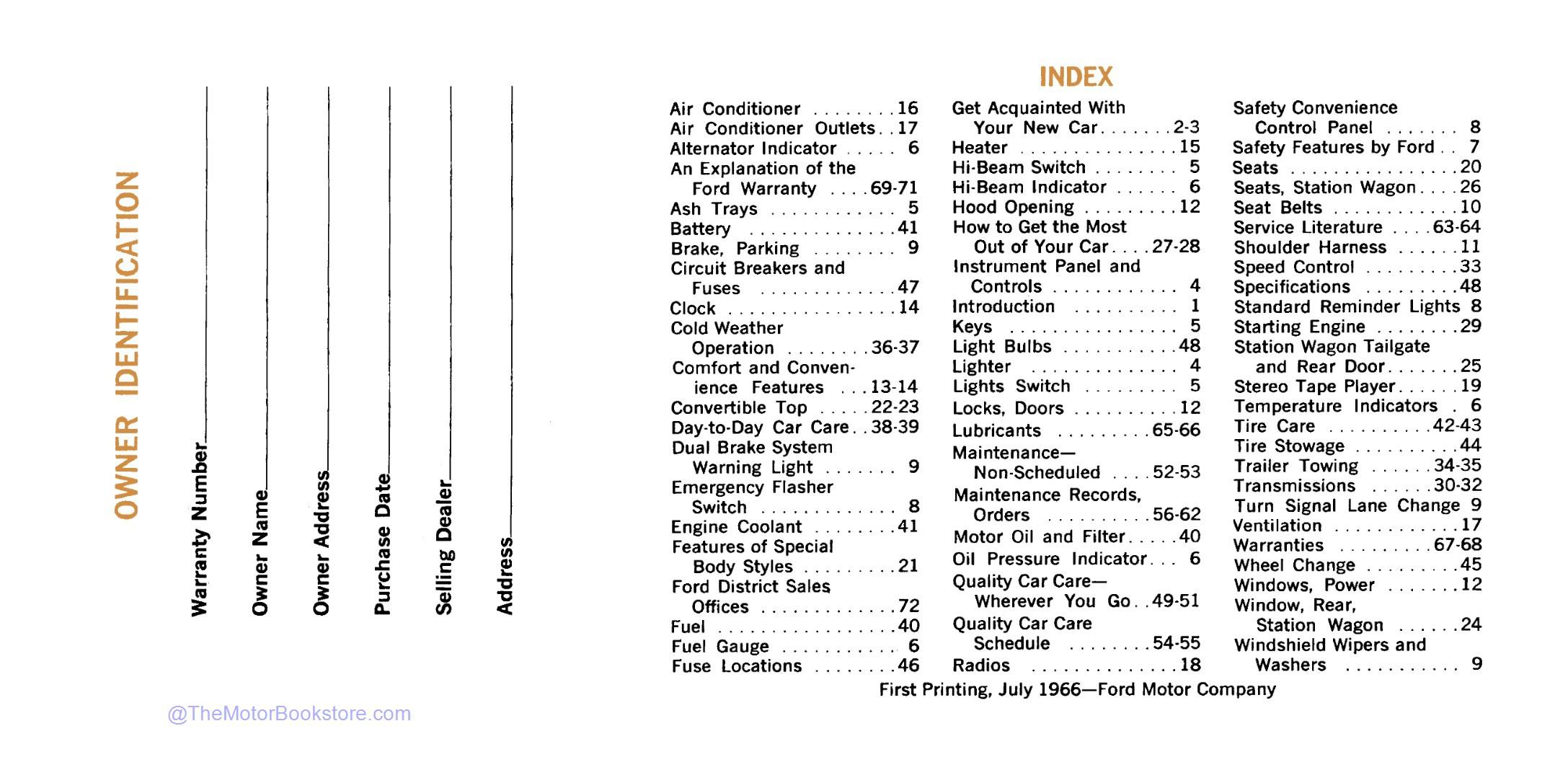 1967 Ford Car Owner's Manual  - Table of Contents