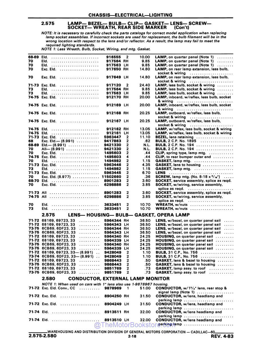 1968 - 1975 Cadillac Parts Catalog & Illustrations Catalog - Sample Page 1 - Chassis-Electrical-Lighting