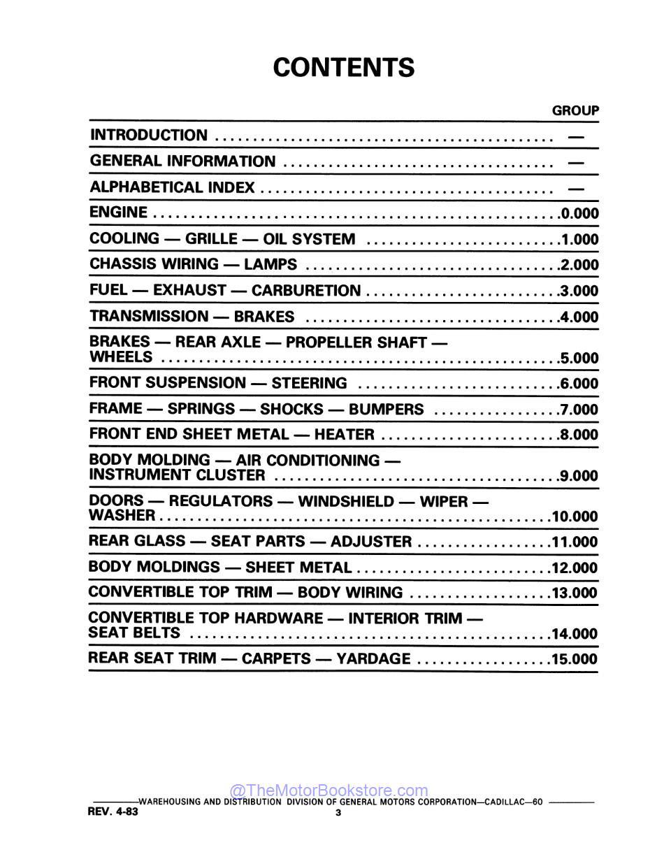 1968 - 1975 Cadillac Parts Catalog & Illustrations Catalog  - Table of Contents 1