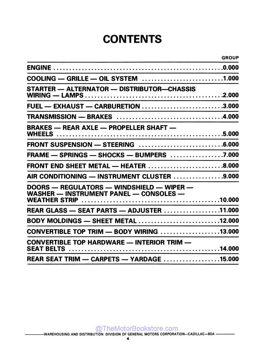 1968 - 1975 Cadillac Parts Catalog & Illustrations Catalog  - Table of Contents 2
