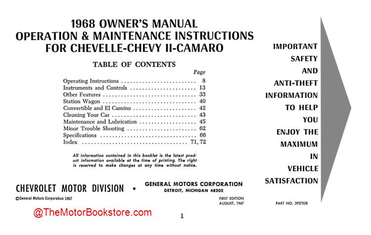1968 Camaro, Chevelle, Chevy II Owner's Manual  - Table of Contents