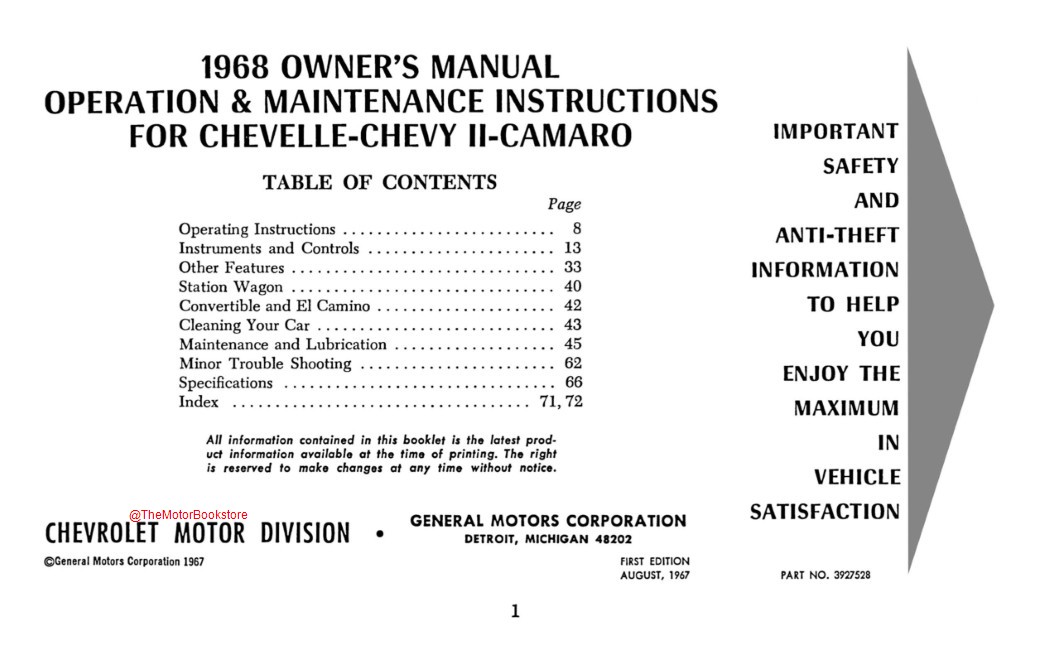 1968 Camaro, Chevelle, Chevy II Owner's Manual  - Table of Contents