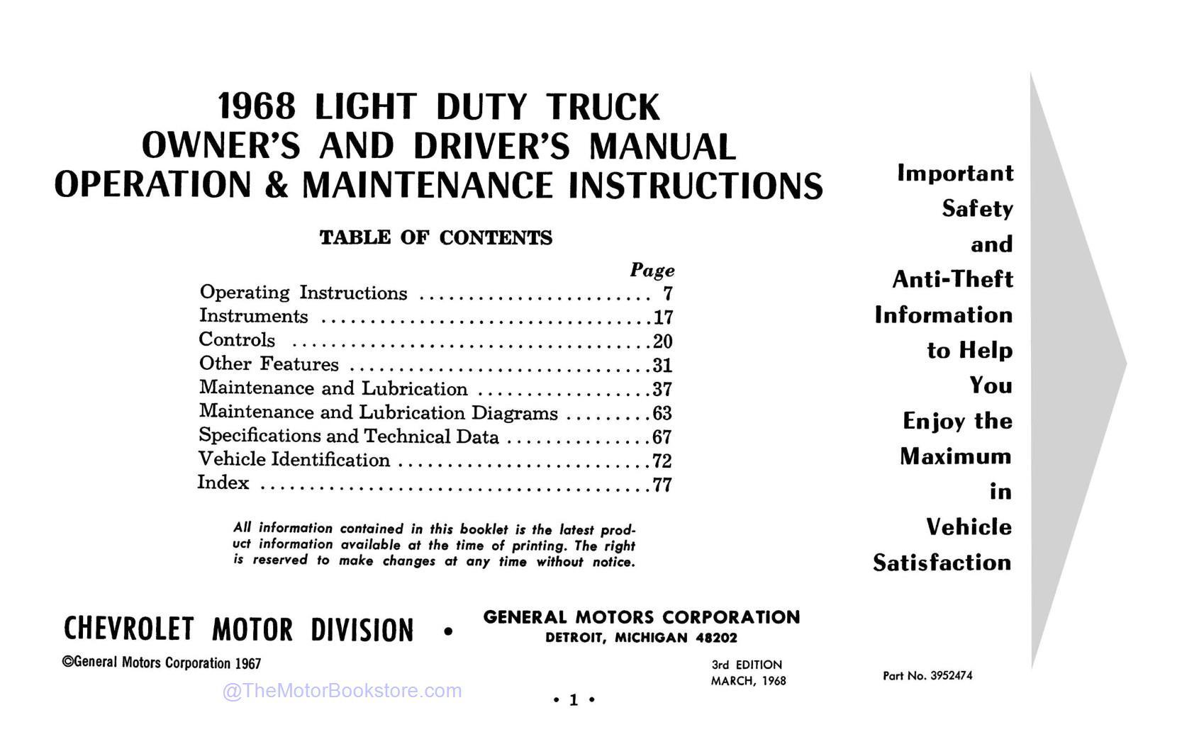 1968 Chevrolet Series 10-30 Truck Owner's Manual  - Table of Contents 1968 Chevrolet Series 10-30 Truck Owner's Manual  - Table of Contents
