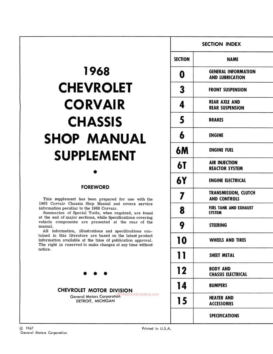 1968 Chevrolet Corvair Chassis Shop Manual Supplement - Table of Contents Page