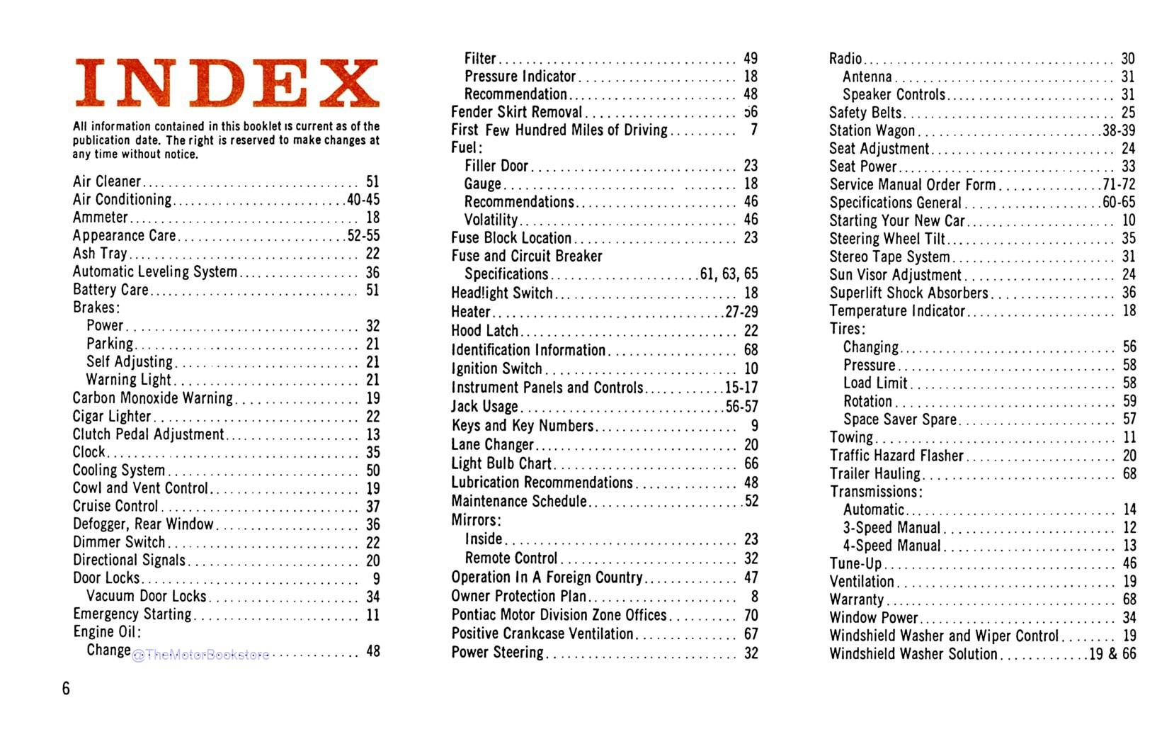 1968 Pontiac Owner's Manual - Table of Contents 1968 Pontiac Owner's Manual - Table of Contents