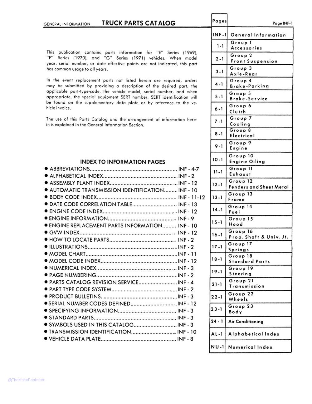 1969 - 1971 Dodge LD Truck and Van Parts Catalog Book  - Table of Contents