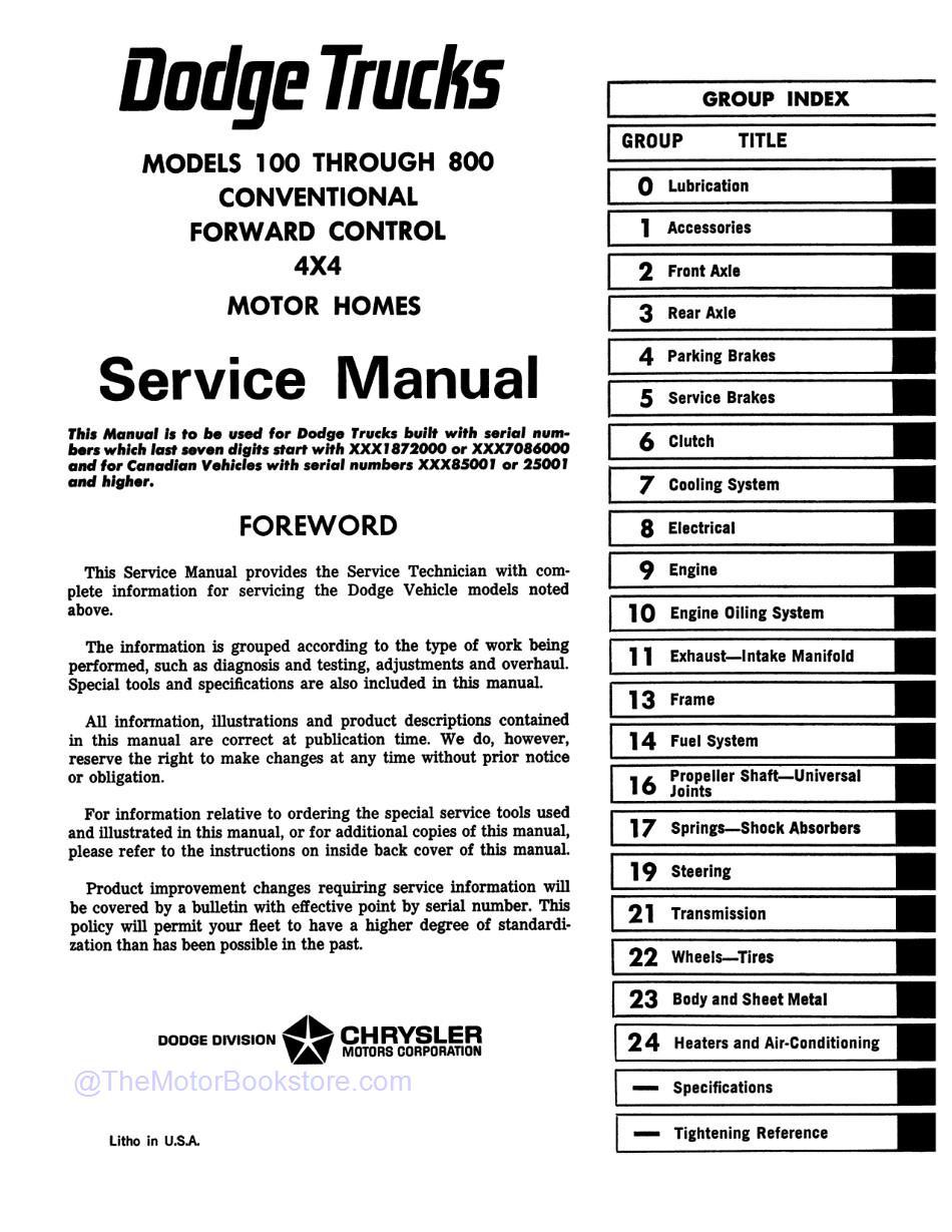 1969 - 1971 Dodge Truck 100-800 Shop Manual - Main Table of Contents